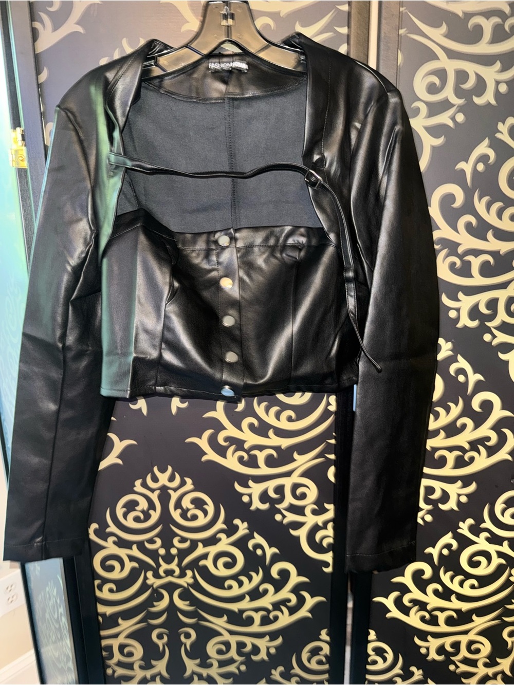 Fashion Nova Black Faux Leather Cropped Button Shirt